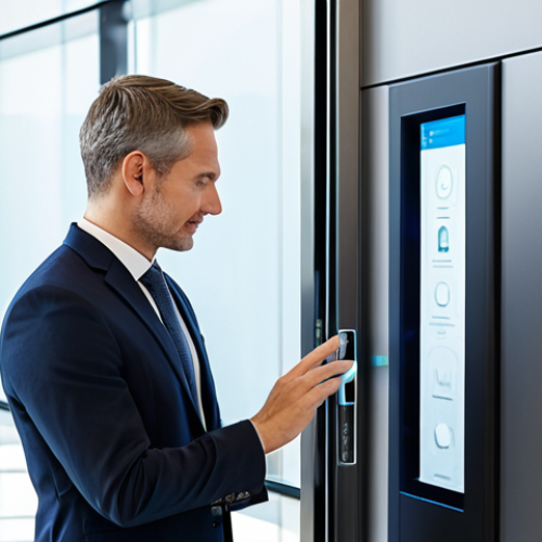 Home 14 A professional businessperson in a modest business suit, standing confidently in a bright, modern office lobby, seamlessly unlocking a glass door by gently touching a sleek, integrated biometric fingerprint scanner. The environment is clean and futuristic, bathed in soft, natural light, emphasizing efficiency and advanced technology. The subject's expression is composed and focused, demonstrating ease of use. fully clothed, appropriate attire, safe for work, perfect anatomy, correct proportions, natural pose, well-formed hands, proper finger count, natural body proportions, professional, high quality, family-friendly.
