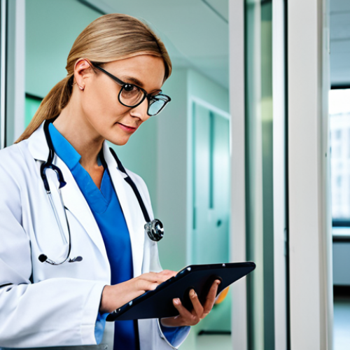 Home 7 **
"A female doctor in a professional white coat, fully clothed, using a tablet computer in a modern hospital setting, appropriate attire, safe for work, perfect anatomy, natural proportions, professional photography, high quality, family-friendly."
**